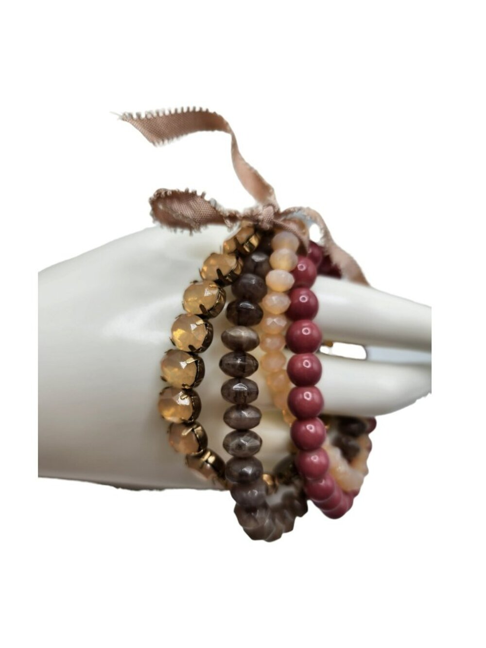 Green Mauve & Cream Beaded 4 Strand Stretch Bracelet Ribbon Tie Y2K